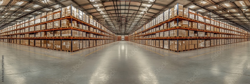 Poster a wide-angle view captures a large warehouse filled with neatly organized rows of shelves overflowin