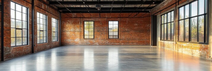 The spacious interior features large windows allowing natural light, highlighting the exposed brick walls and smooth concrete flooring in a modern industrial setting