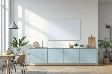 Fototapeta premium Poster Mockup in Kitchen Interior with White Wall created with Generative AI