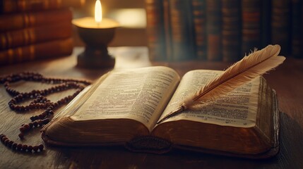 Obraz premium Opened bible with old quill pen and rosary beads on the brown table in quiet, dark atmosphere. Religion concept. Historical vintage style. generative ai
