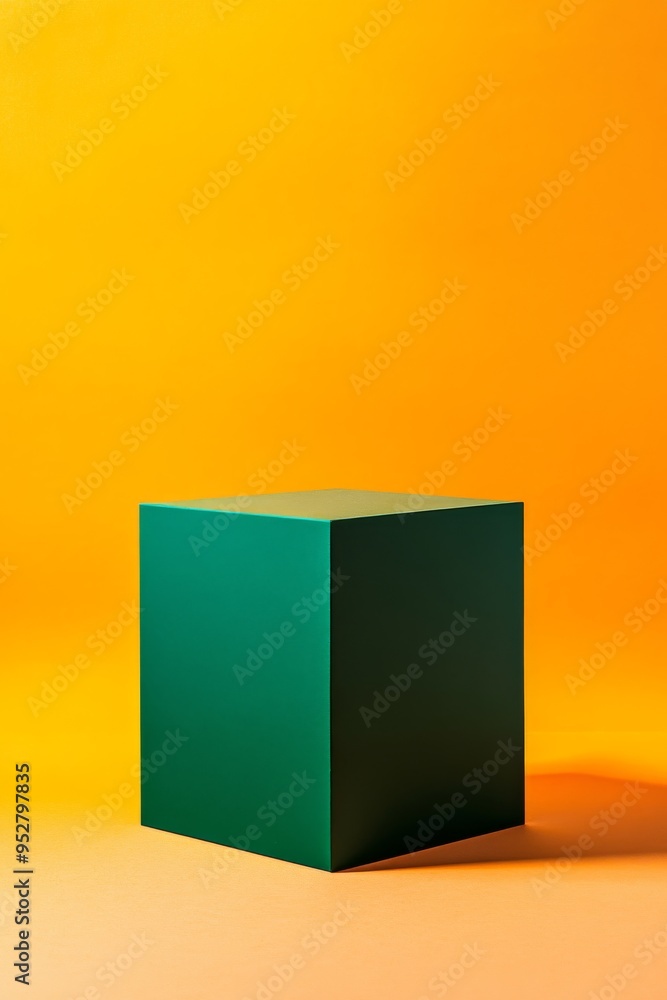 Poster a solid green cube is positioned in front of a bright orange background, creating an abundance of em