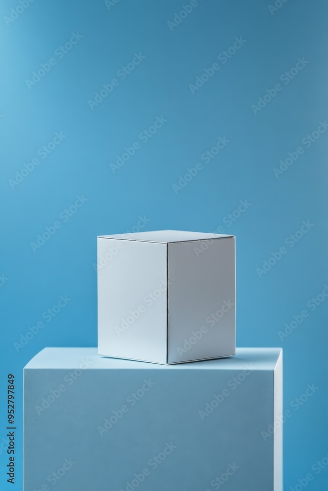 Poster a large empty white box is positioned on a light blue background, creating a vast space for showcasi