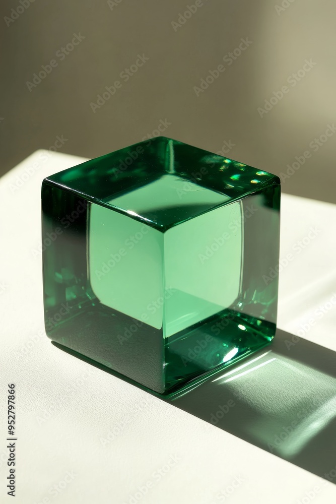 Poster a translucent green geometric shape rests on a spacious white surface, accentuating its design and c