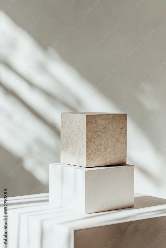 Poster a minimalistic arrangement of stacked geometric shapes sits in a spacious area with a white backgrou