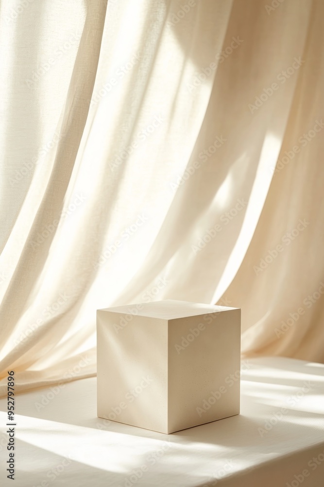 Poster a large empty space showcases a minimalist cube placed on a surface. soft light cascades through flo