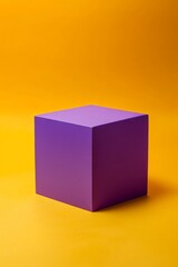 A polished purple cube is centrally positioned on a bright yellow backdrop, offering generous empty space ideal for showcasing products or creative designs