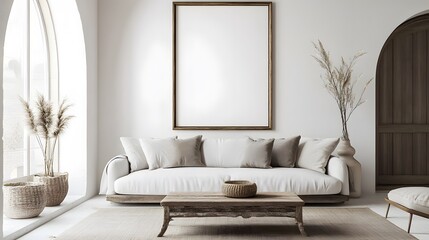 A minimalist living room with a white sofa, a vintage coffee table, an arched window, and a large, empty art poster frame, adorned with a few carefully placed decorative objects