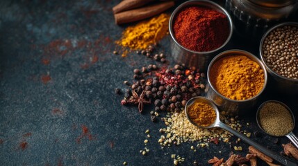 Flat lay of assorted Indian spices scattered across a dark countertop, with a focus on their rich colors and textures, alongside measuring spoons.