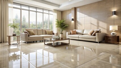 Fototapeta premium Neutral-colored ceramic floor tiles with a subtle texture and glossy finish, arranged in a modern grid pattern, create a sleek and sophisticated living room ambiance.
