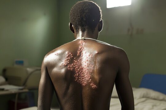 A close-up photograph of a man's back, showcasing a severe monkeypox rash. The image captures the physical manifestation of the disease, highlighting the distinctive pustules and scabs characteristic 