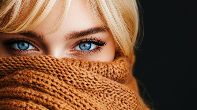 A close-up portrait of a young woman with captivating blue eyes and blonde hair, partly hidden by a cozy brown knitted scarf, conveying warmth, mystery, and a sense of comfort. The soft lighting and n
