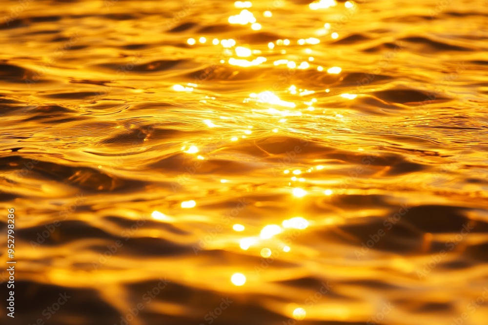 Poster a close-up shot of the surface of water shimmering with golden light reflecting from the setting sun