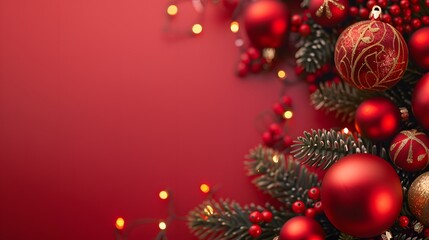 Christmas background with xmas tree and sparkle bokeh lights on red canvas background. Merry christmas card. Winter holiday theme. Happy New Year. Space for text.