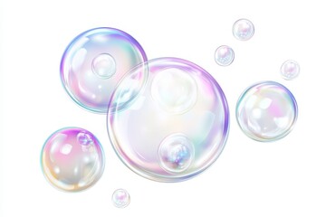 A collection of vibrant, iridescent soap bubbles floating against a white backdrop. These shimmering spheres symbolize innocence, purity, dreams, and the ephemeral nature of life. Each bubble captures