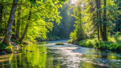 Tranquil river scene with sunlight sparkling through trees in a lush green forest