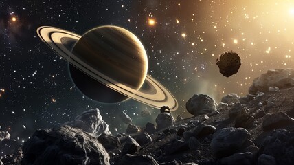 Planet Saturn in Space with Stars