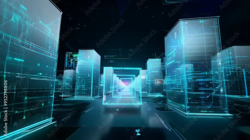 Poster Virtual data center corridor with cloud servers providing compute power