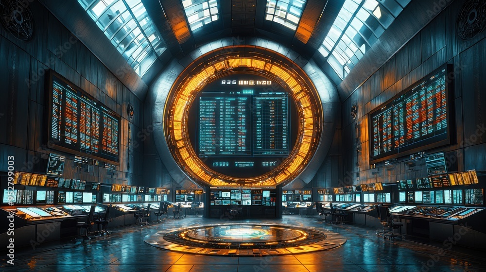Poster high-tech financial hub bustling with traders, sleek screens displaying data, modern architecture re
