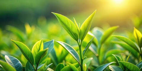 Obraz premium Close up of fresh tea bud and leaves , tea, green, organic, plant, agriculture, nature, growth, farm, health, herbal, beverage