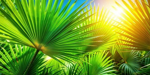 Obraz premium Close-up of vibrant green tropical palm leaves on a sunny day, lush, foliage, exotic, nature, vibrant, green, botany, tropical