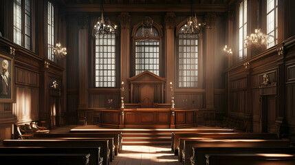 An ornate courtroom with wooden paneling, empty benches, and an elevated judge's bench, illuminated by soft lighting filtering through tall windows