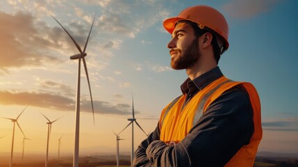 Engineer optimizing wind turbine systems for maximum electricity production, electrical grids and turbines in view, photorealistic, highly detailed, 4K clarity