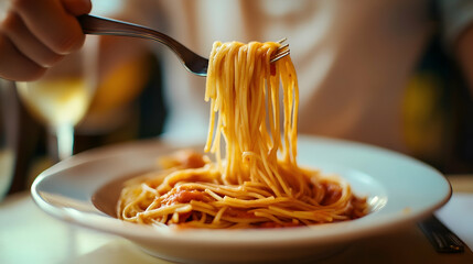 Anonymous person enjoying a delicious plate of spaghetti. Generative AI image