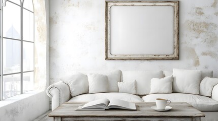 A vintage coffee table with a worn wooden surface and peeling paint, adorned with a cup of coffee and a book, placed in front of a white sofa against a backdrop of an arched window and a white wall