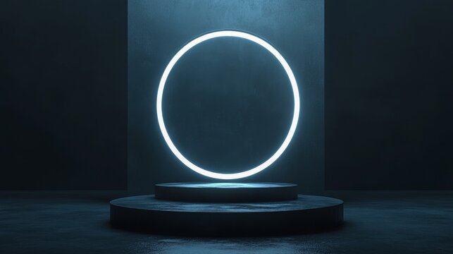 A futuristic product display featuring a glowing ring suspended above a circular platform, symbolizing innovation, technology, and the unveiling of new ideas.