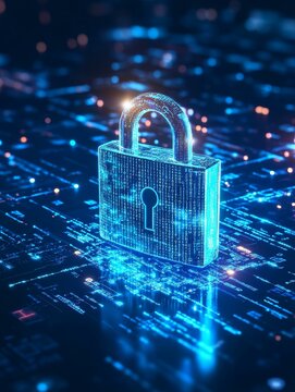 A glowing digital padlock sits atop an abstract blue circuit board, symbolizing data security, online protection, internet safety, digital privacy, and cyber defense.
