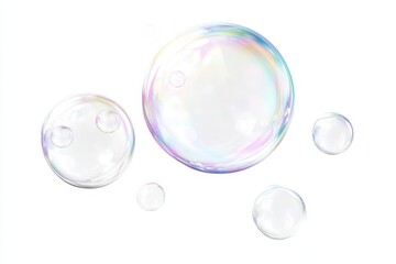 A group of six iridescent soap bubbles, some with smaller bubbles inside, float against a white background. The bubbles represent purity, joy, fragility, and the ephemeral nature of life.