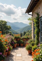 Sunny terrace surrounded by colorful flowers, invites relaxation, offering breathtaking view and cozy spot with table chairs. Terrace adorned with blooming flowers and scenic mountains. Generative AI.