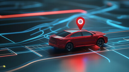 A car equipped with GPS tracking, emitting a pulsing signal. The vehicle is actively transmitting its GPS location, allowing for real-time tracking.