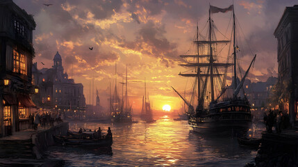 Naklejka premium Beautiful Port Evening Scenery