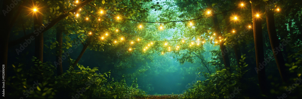 Aufkleber a magical forest path illuminated by warm string lights, creating a whimsical ambiance. the path lea