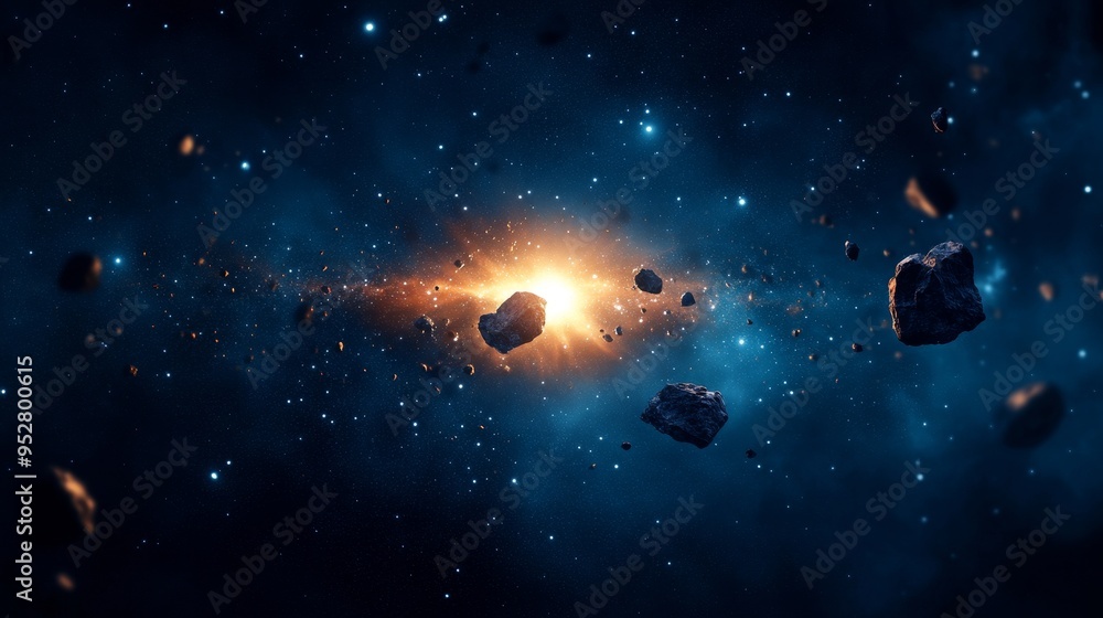 Poster a mesmerizing scene depicting a swarm of asteroids hurtling through space, illuminated by the radian