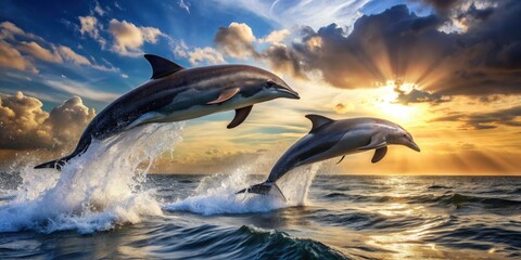 Fototapeta premium Dolphins elegantly leaping out of the water, marine life, dolphins, jumping, ocean, majestic, graceful, wildlife