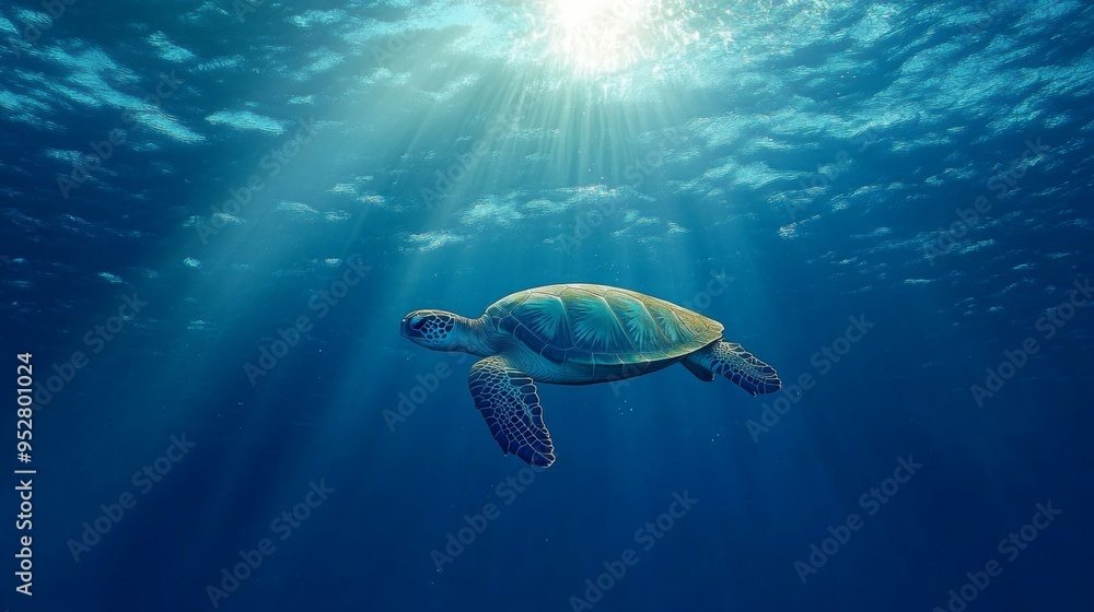 Poster high-resolution image of a majestic sea turtle gliding through clear blue water, with sunlight filte