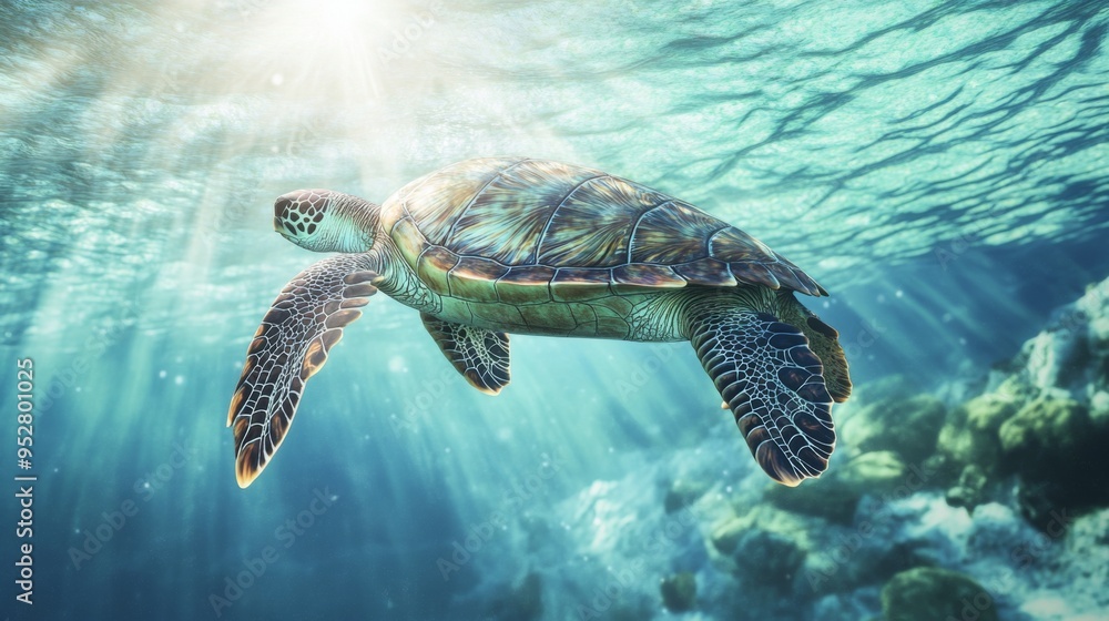 Poster high-resolution image of a majestic sea turtle gliding through clear blue water, with sunlight filte