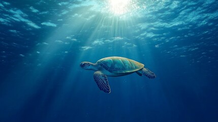 Obraz premium High-resolution image of a majestic sea turtle gliding through clear blue water, with sunlight filtering through and creating a serene, underwater scene.