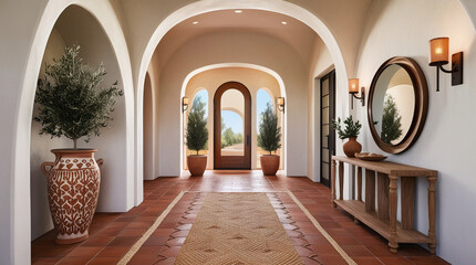 Fototapeta premium A Mediterranean-style hallway featuring arched windows and a large mirror, showcasing modern home entryway design, Generative AI