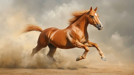 Obraz premium A powerful chestnut horse with a flowing mane gallops across a dusty landscape, symbolizing freedom, energy, and the untamed spirit of nature. Its powerful stride and determined gaze capture the essen