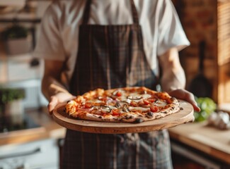 A man is holding a pizza on a wooden board. Homemade pizza. Comfort, cooking, tradition, family, homemade, creativity, sharing concept