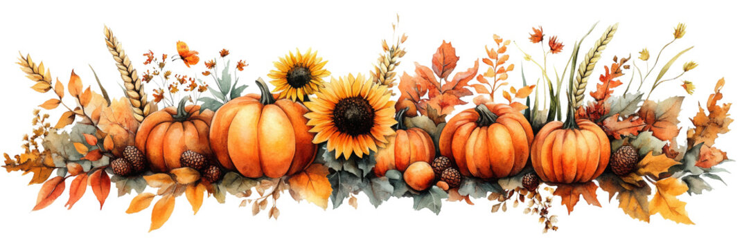 watercolor drawing. autumn composition with harvest, with pumpkins and sunflower flowers in vintage style. thanksgiving card decoration, autumn, harvest festival - Powered by Adobe