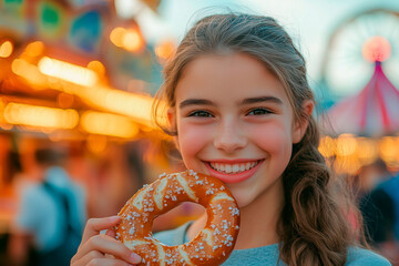 Smiling girl holding a pretzel at an outdoor festival, with bright lights and a ferris wheel in the background