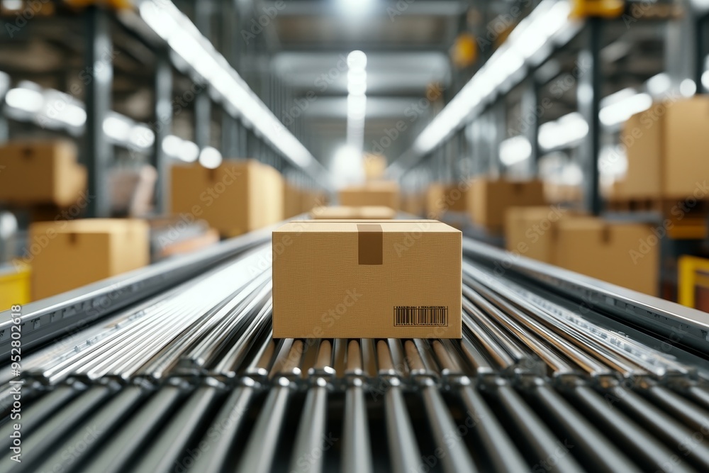 Poster a single package is moving along a conveyor belt in a warehouse setting, showcasing the efficiency o