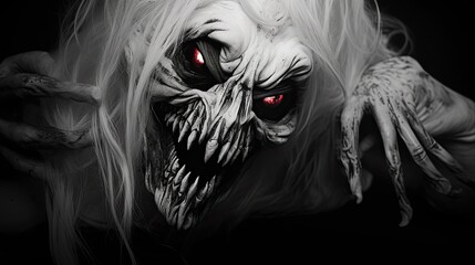 A demon stares out of the darkness. A creepy creature from the afterlife. An atmosphere of terror.