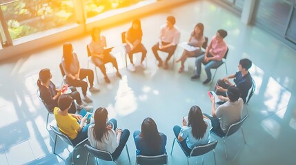 Abstract blurred defocused of asian young team sitting group circle meeting in top wide angle view in modern office Asian speaker explain teach coach sharing idea to audience in education