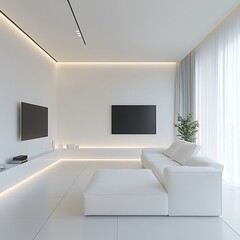 Minimalist interior design of modern living room with white sofa against tv