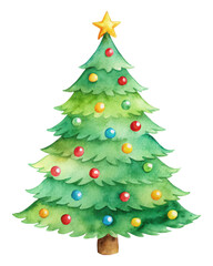 Fototapeta premium Watercolor painting of a Christmas tree featuring a star on top and decorated with red and green ornaments, perfect for holiday-themed artwork and designs. Isolated on transparent background, png.